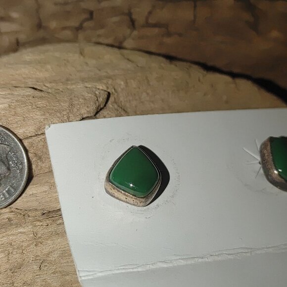 Vintage MR Sterling Silver Stud Earrings Green Onyx Inlay Unique Retro Mexico - Picture 6 of 15